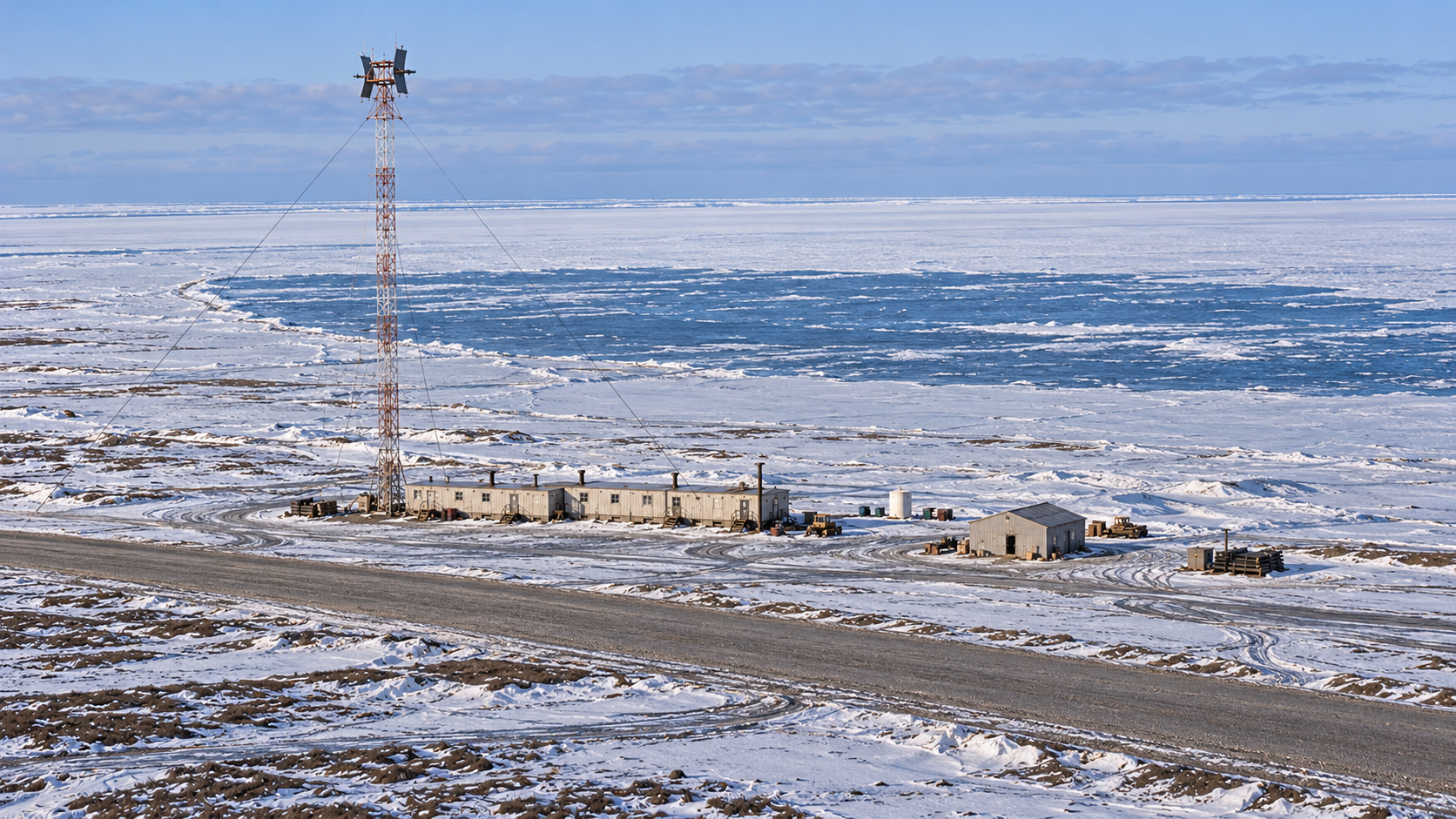 Historical reconstruction of Cape Simpson POW-A with a slender guyed Doppler tower left of its five-module camp, support buildings and Arctic gravel runway