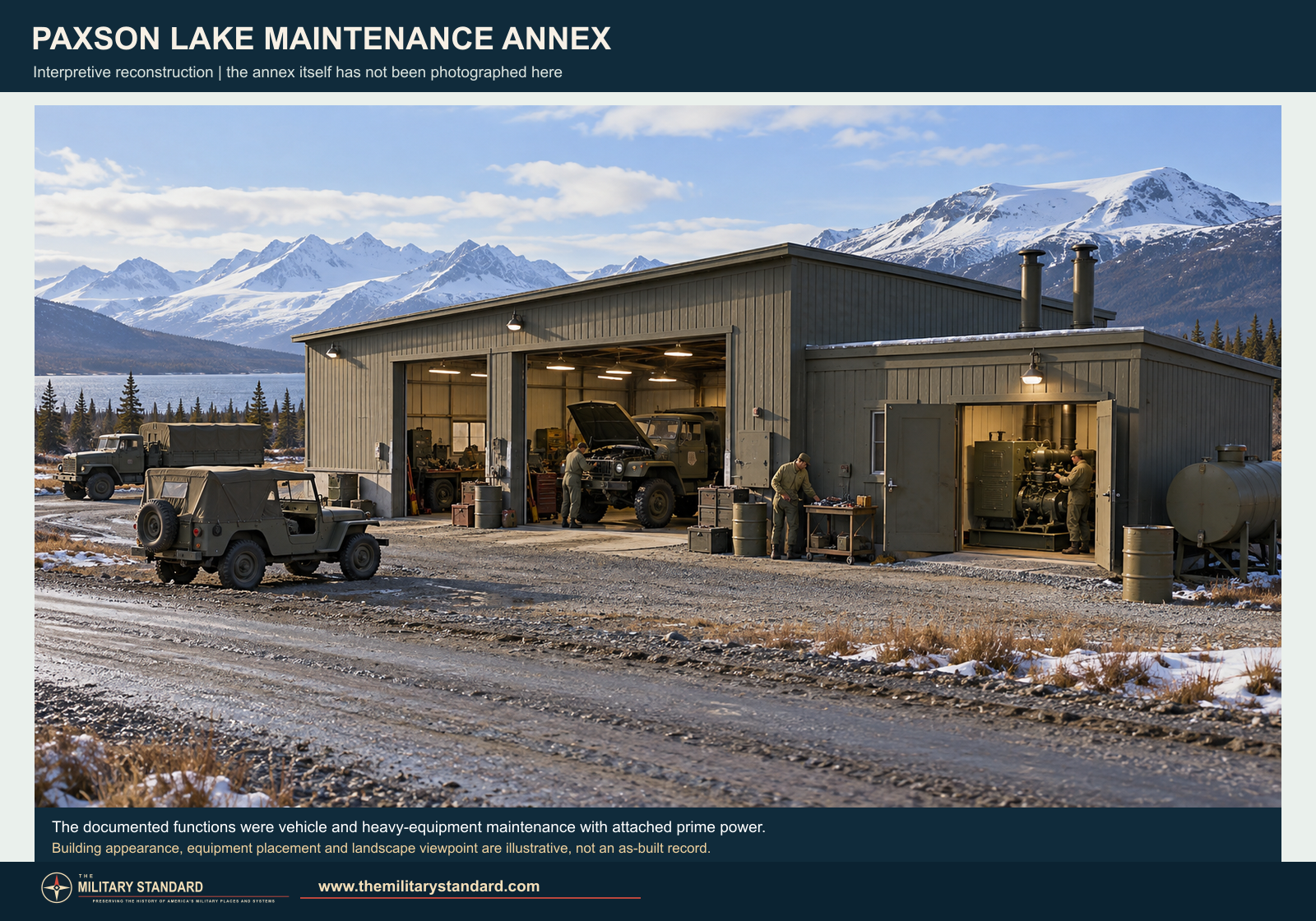 Interpretive reconstruction of an Alaska White Alice vehicle-maintenance annex with shops and an attached power plant