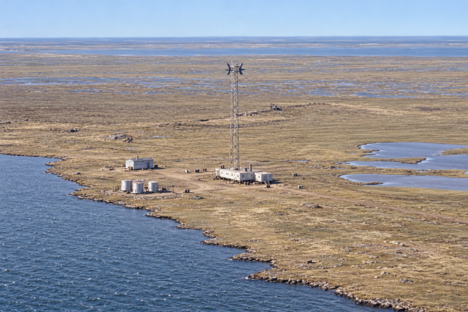 Interpretive aerial view of a small DEW Line intermediate station on the flat coast at Atkinson Point, showing a single slender Doppler tower, short raised module train, separate garage and small tanks