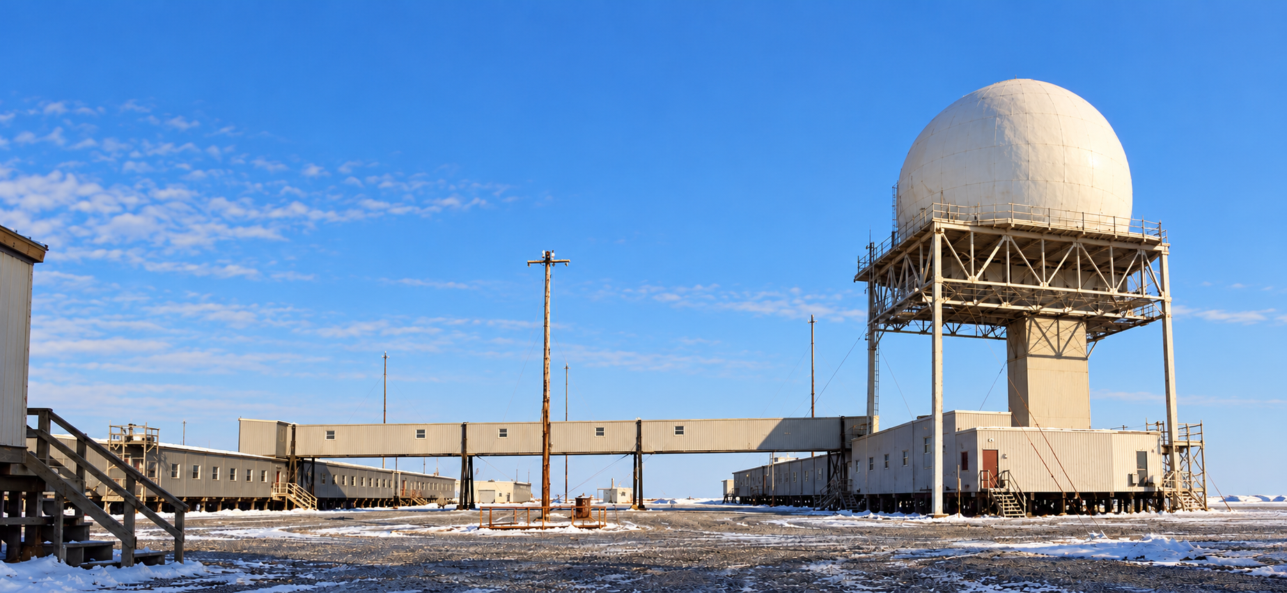 Interpretive ground-level view of the Cape Parry radar radome elevated on an open steel support beside the connected modular building trains