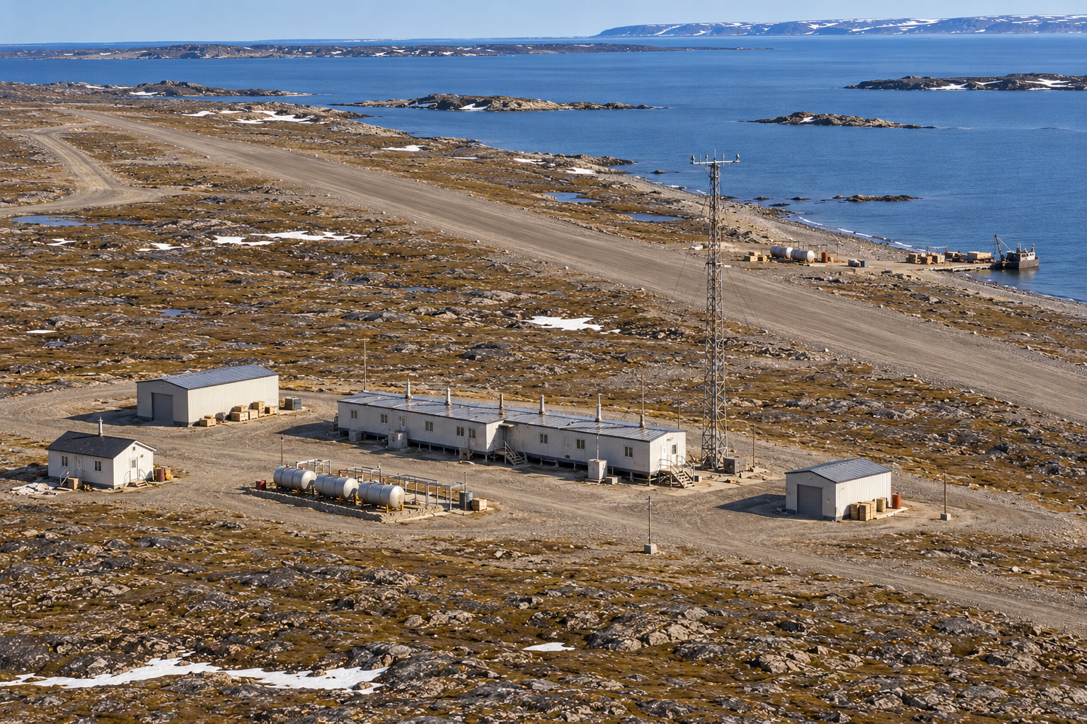 Interpretive reconstruction of the Clifton Point DEW Line intermediate station, with five connected modules, a narrow Doppler tower, support buildings, landing strip and Arctic shoreline