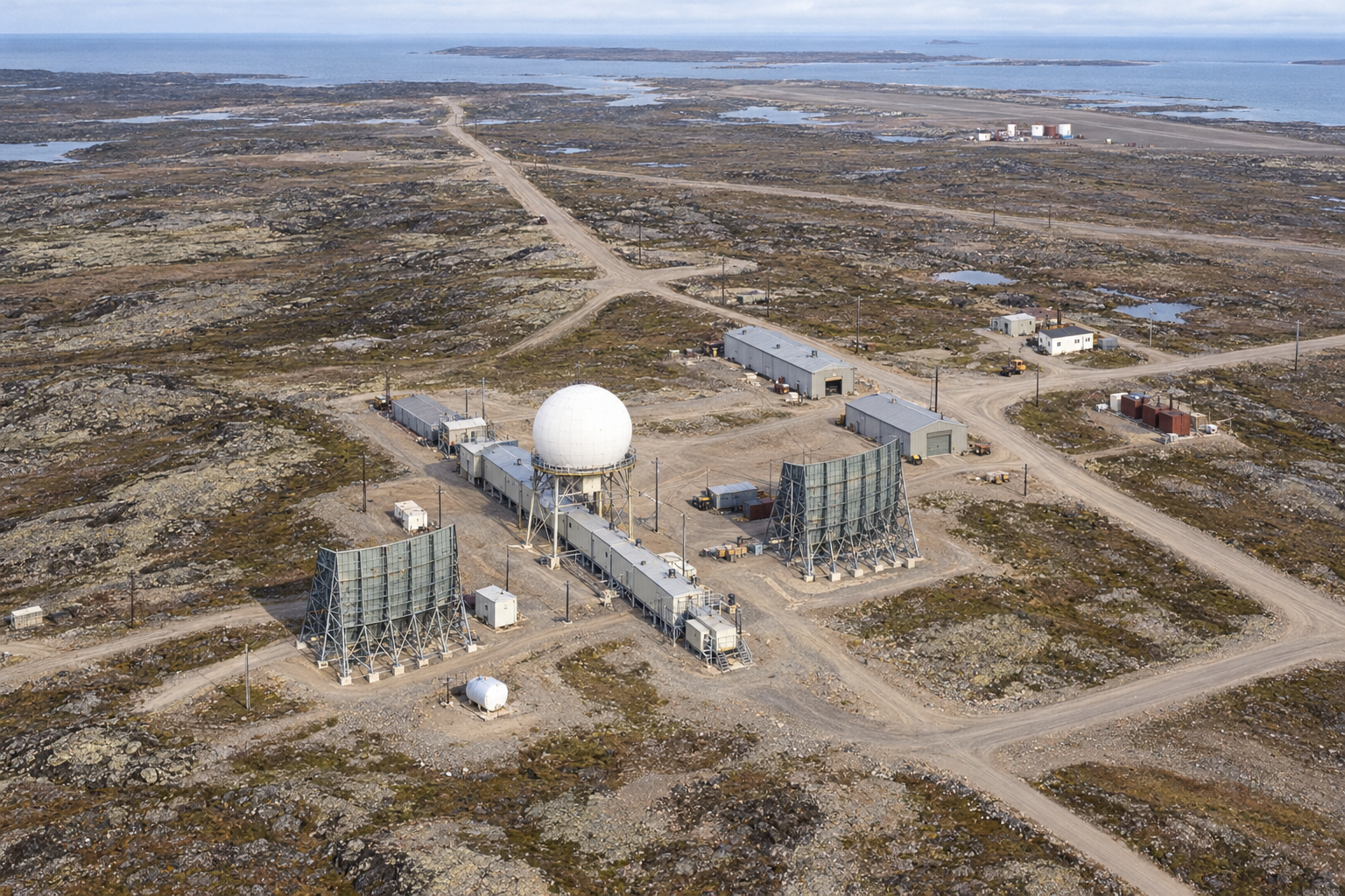Interpretive aerial reconstruction of a long DEW Line auxiliary module train, radar radome, two reflector structures, garage and distant airstrip in Arctic tundra