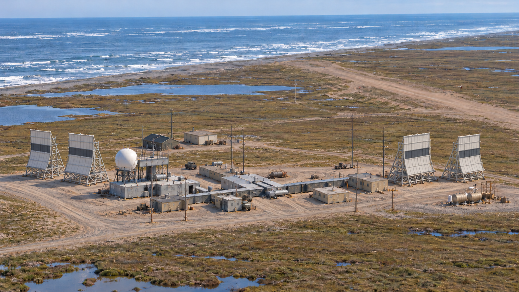 Interpretive aerial view of the branching Komakuk Beach DEW Line prototype station, low radome platform, four billboard antennas and Arctic runway