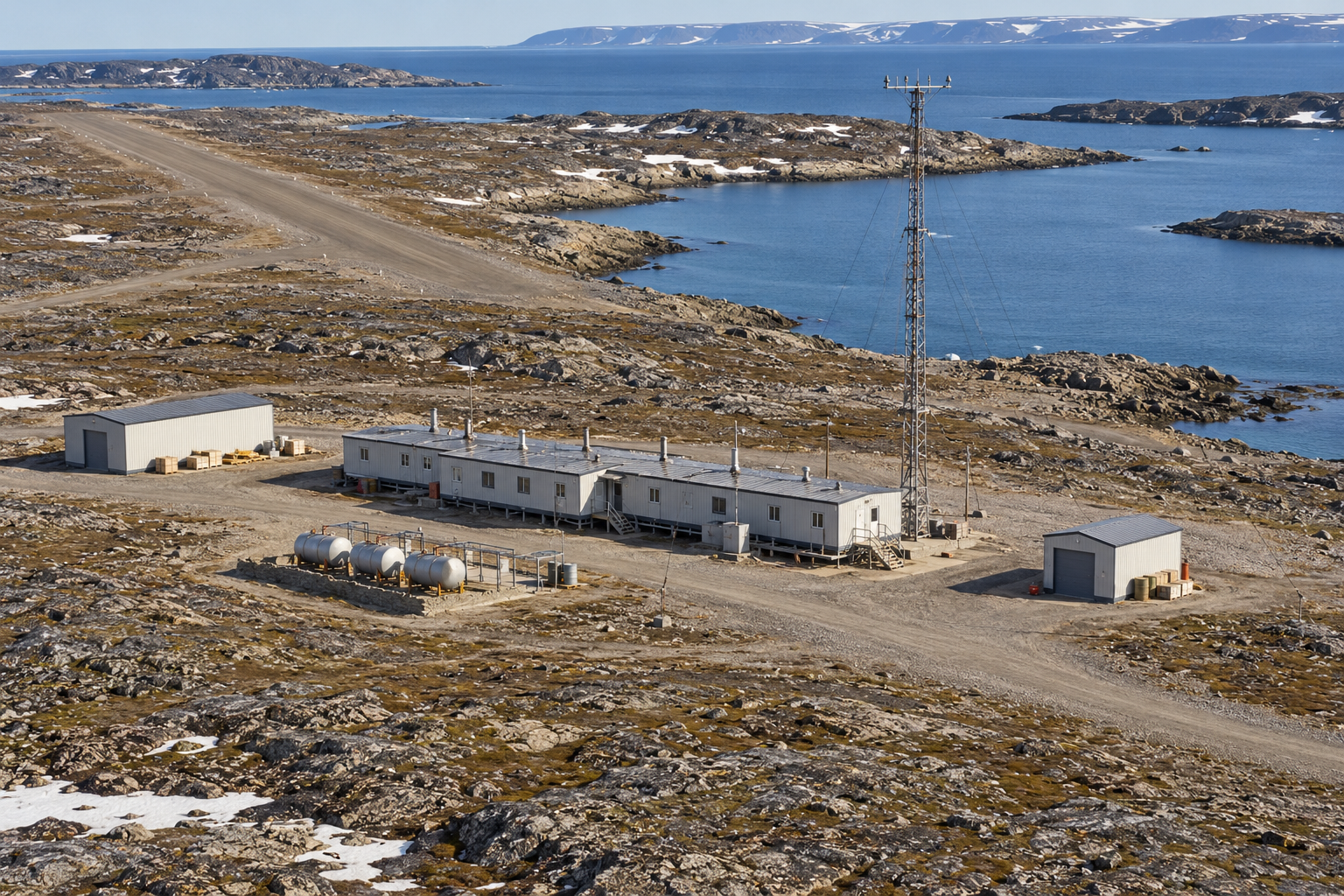 Interpretive aerial rendering of Pearce Point PIN-A with a short modular building, slender Doppler tower, small service buildings, gravel airstrip and Arctic harbour