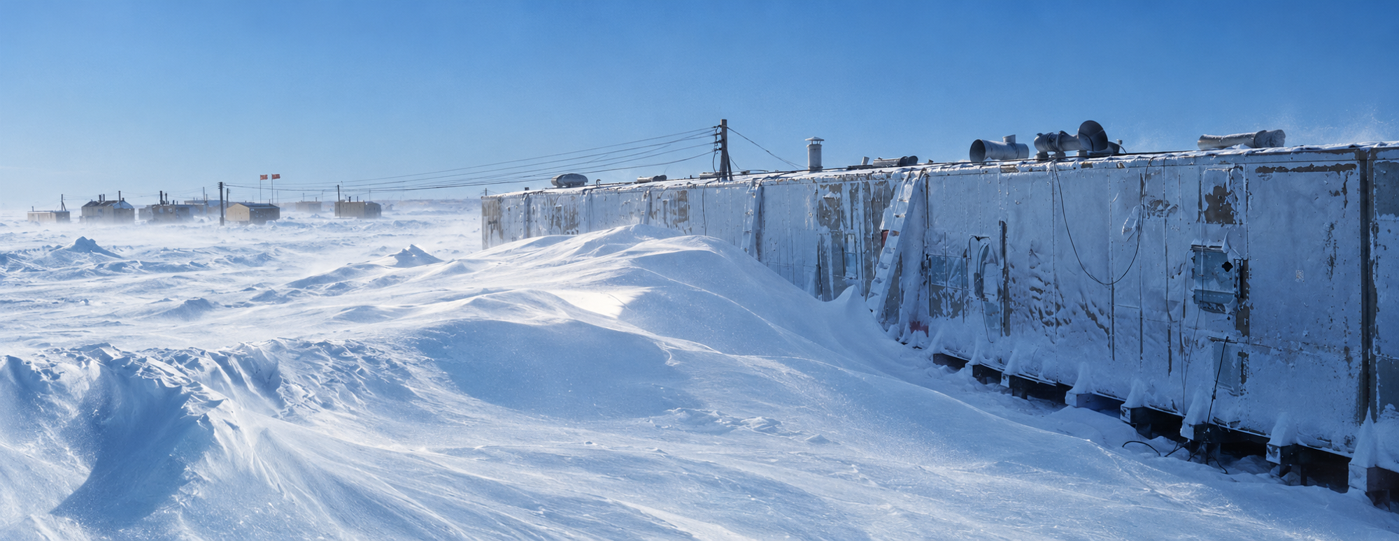 Interpretive view of the partly built Shingle Point module train beside high snowdrifts in March 1956