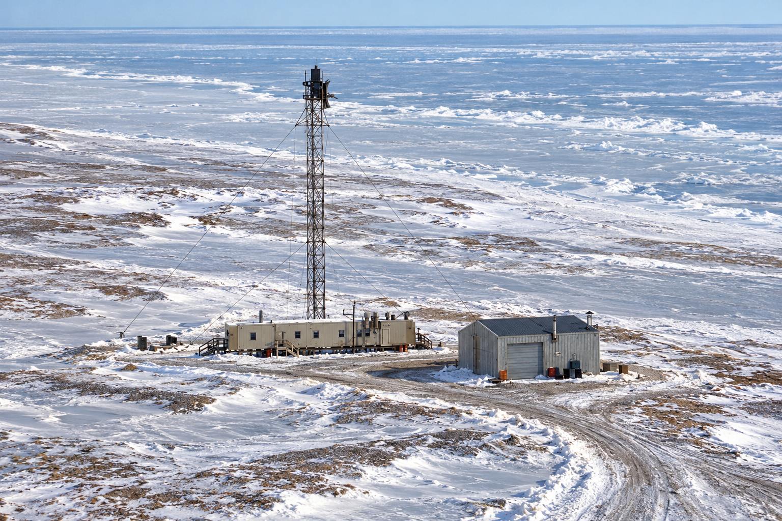 Interpretive view of the small Stokes Point BAR-B DEW Line station with a tall Doppler radar tower, low connected module train and separate pitched-roof utility building on the Arctic coast