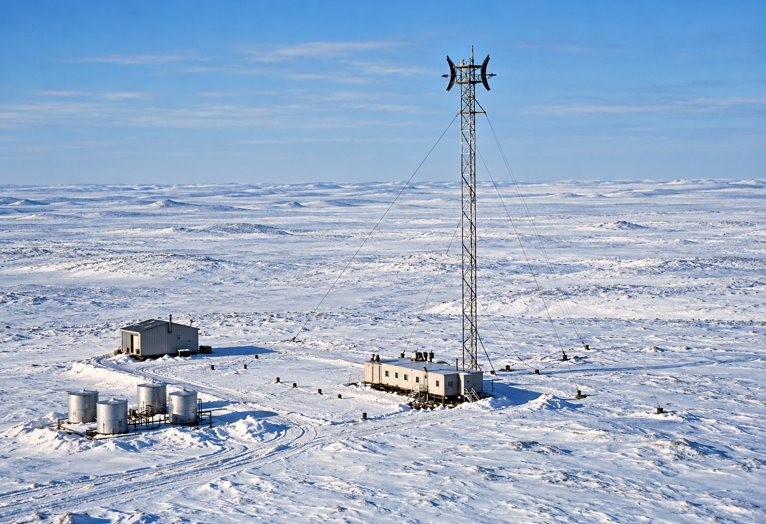 Interpretive reconstruction of the compact Tununuk Camp BAR-C station on snowy tundra, with one tall Doppler tower, short raised module train, separate service building and small tanks