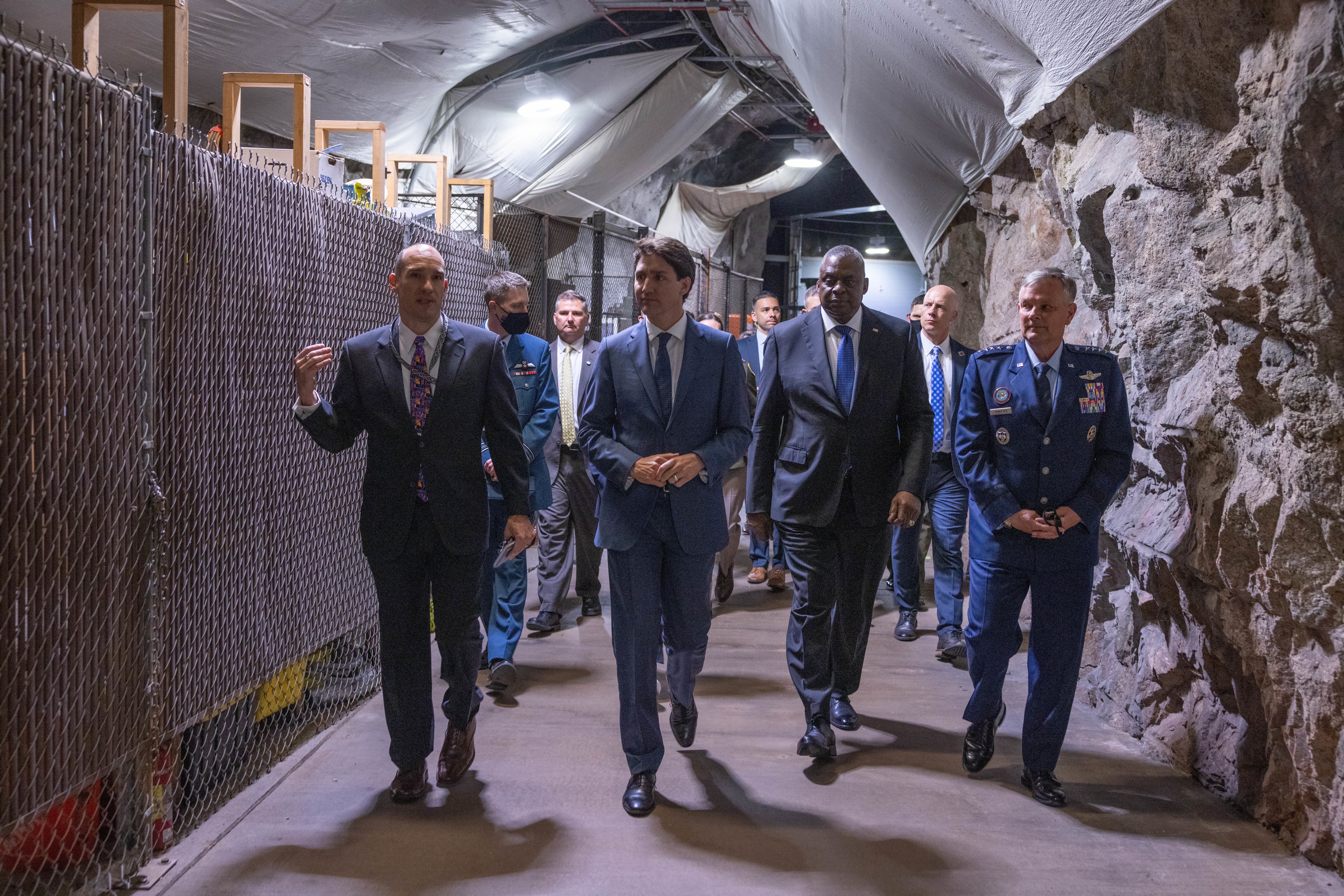 Steve Galayda, Space Base Delta 1 engineer, provides a walking tour of the Cheyenne Mountain Complex at Cheyenne Mountain Space Force Station to The Right Honourable Justin Trudeau, Prime Minister of Canada, Secretary of Defense, Lloyd Austin, and Gen. Glen VanHerck, Commander, North American Aerospace Defense Command and U.S. Northern Command