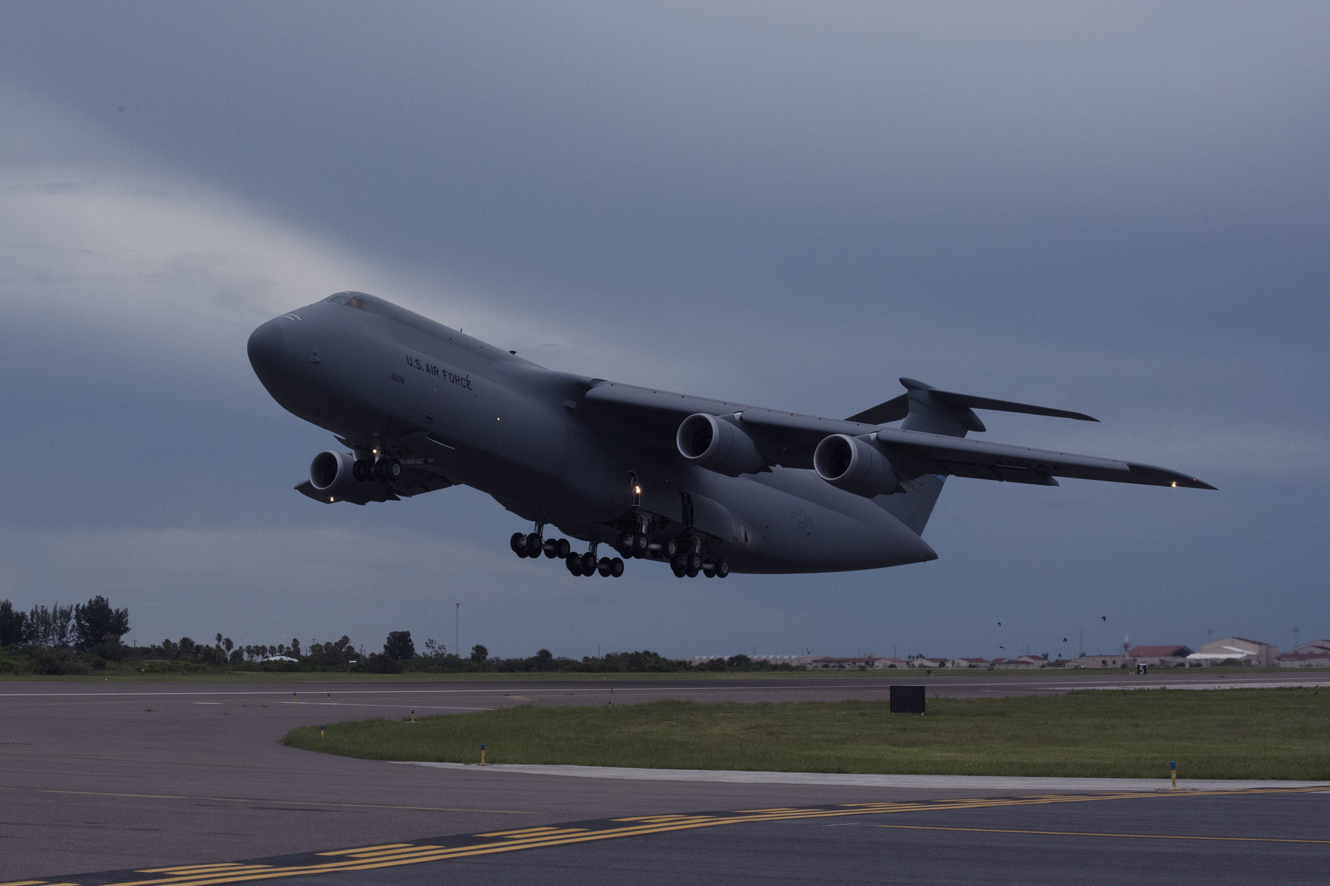 A C-5 Galaxy aircraft takes off from Patrick Air Force Base, Fla., July 19, 2018
