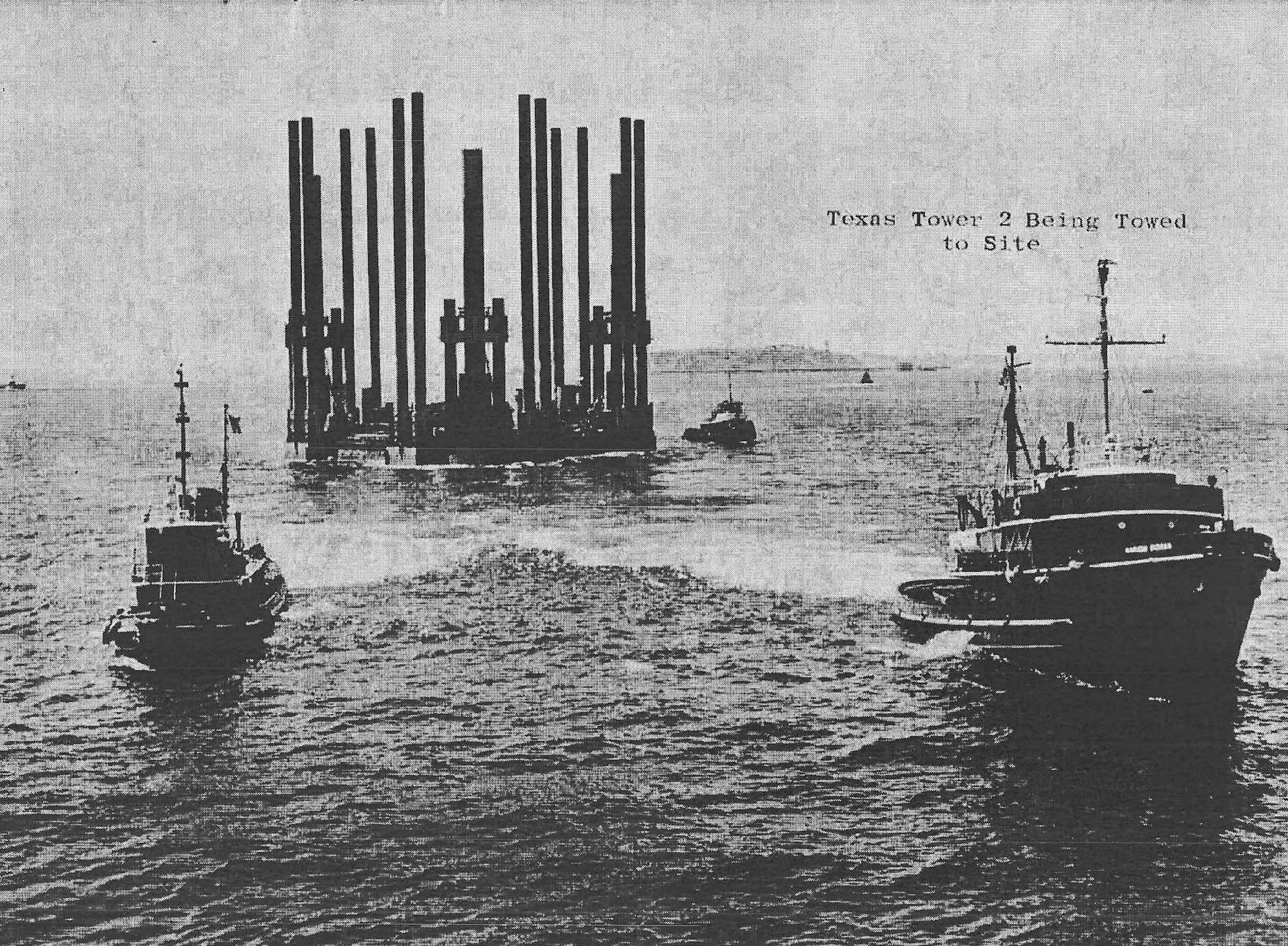 Historic Photo of Texas Tower 2 being towed to site