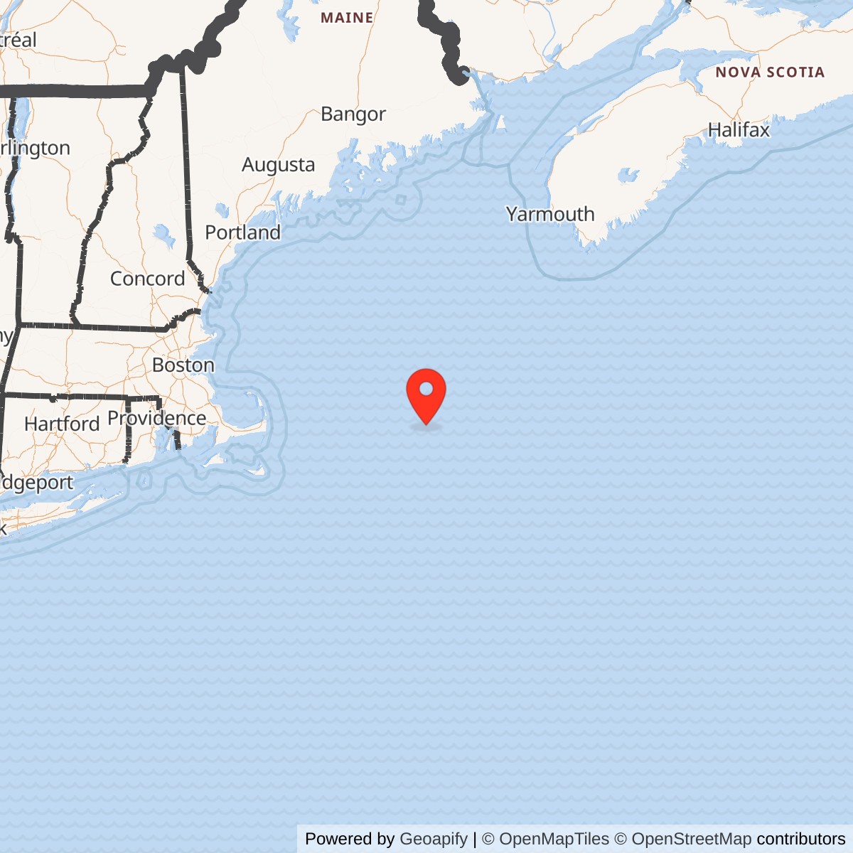 Map showing location of Texas Tower No. 2 / Georges Shoal Radar Station, Massachusetts