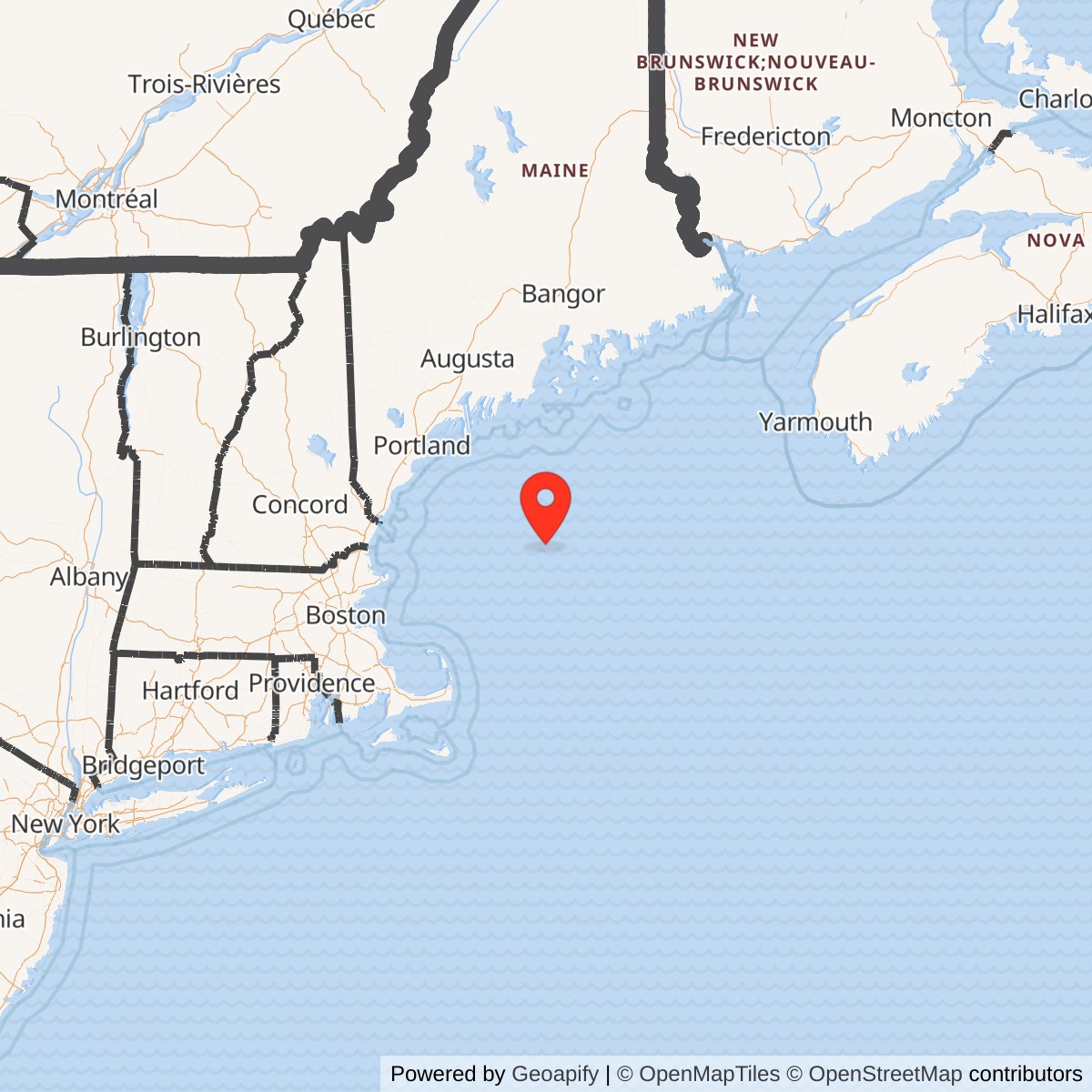 Map showing location of Texas Tower No. 1 / Cashes Ledge Planned Radar Station, New Hampshire