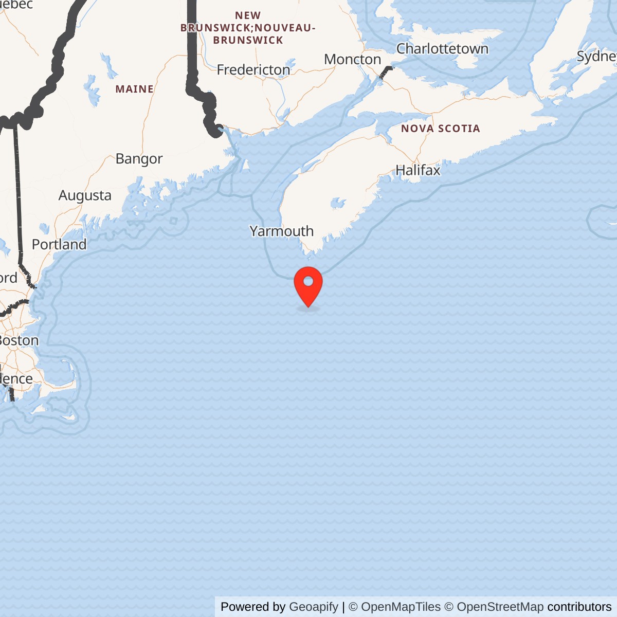 Map showing location of Texas Tower No. 5 / Browns Bank Planned Radar Station, New Hampshire