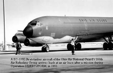 A KC-135E Stratotanker aircraft of the Ohio Air National Guard's 160th Air Refueling Group arrives back at an air base after a mission druing Operation DESERT STORM, in 1991