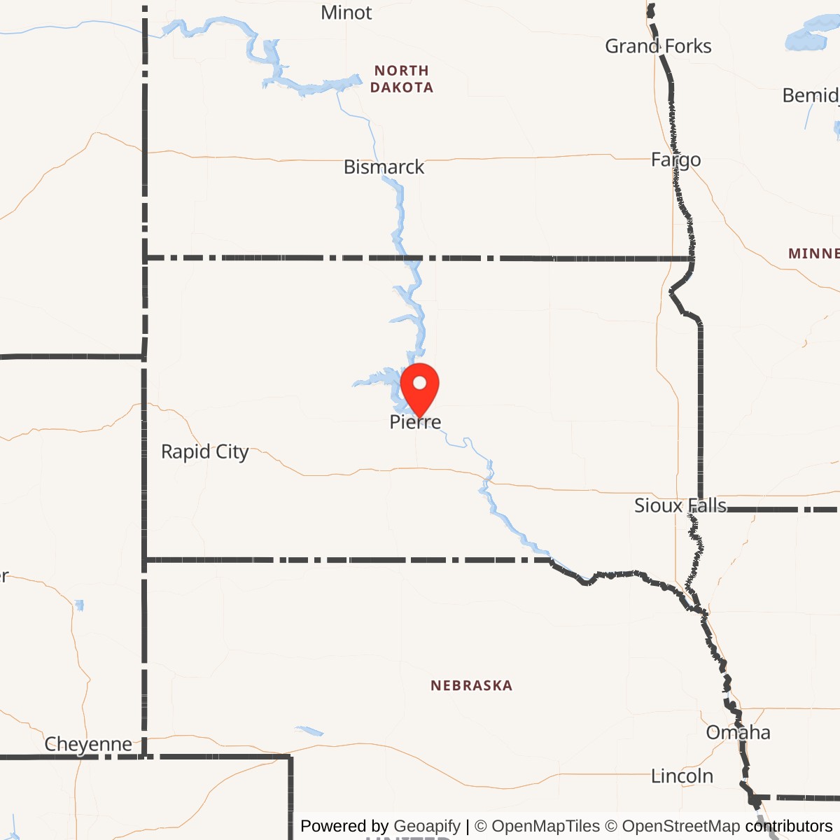 Map showing location of Pierre Army Air Field, South Dakota