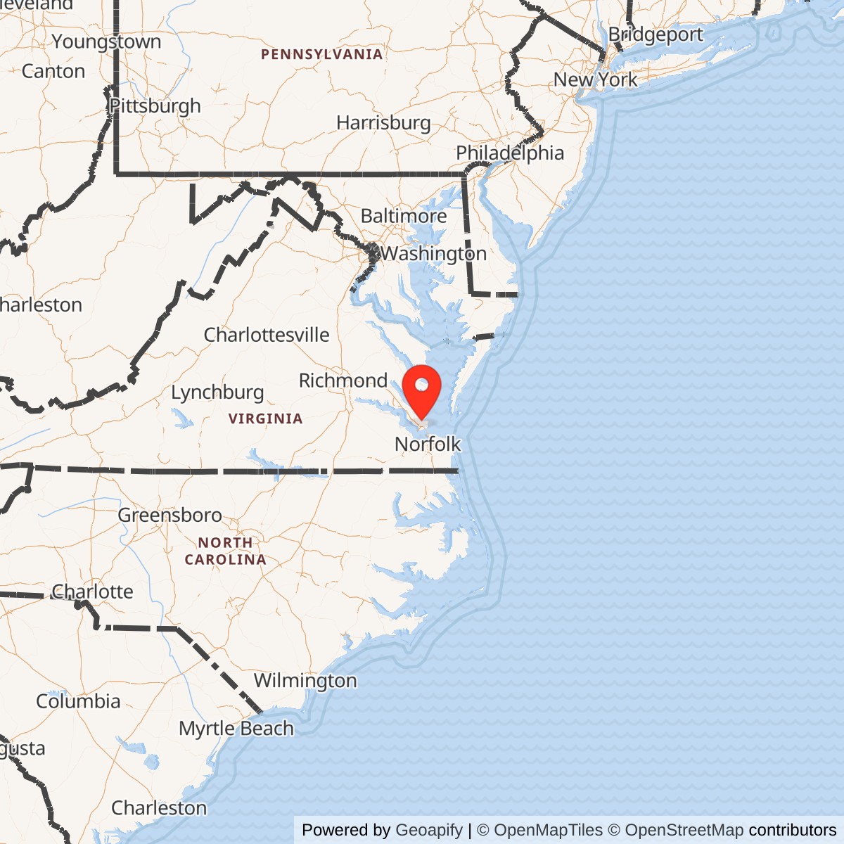 Map showing location of Langley Air Force Base, Virginia