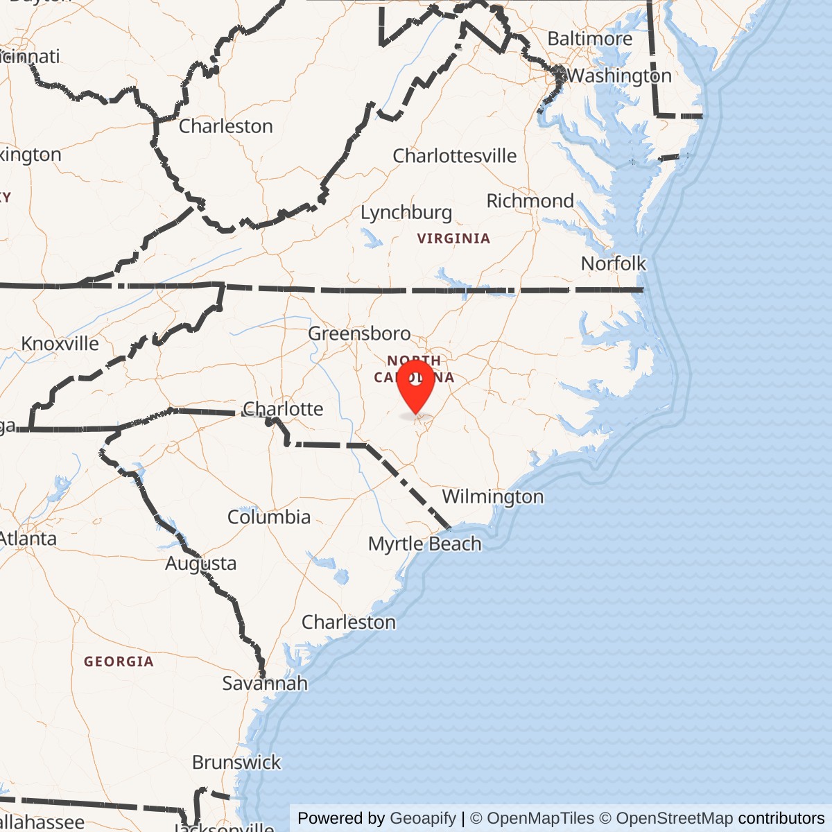 Map showing location of Fort Bragg, North Carolina