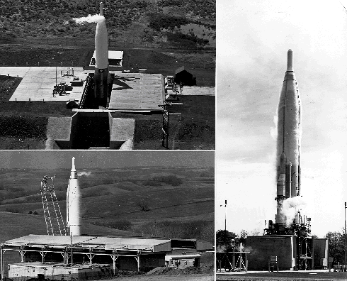 Atlas launch facilities. Clockwise from lower left: aboveground, horizontal (Atlas D); belowground, horizontal (Atlas E); and belowground, vertical (Atlas E).