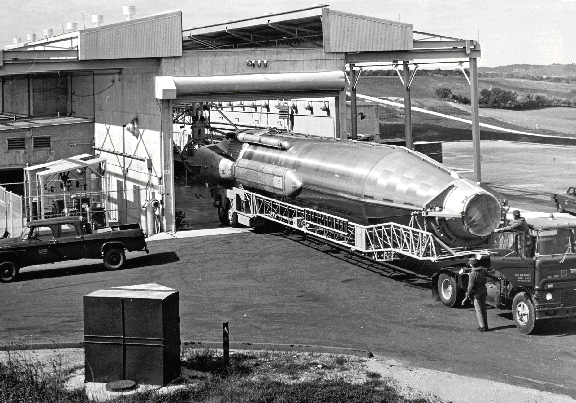 An Atlas D being removed from its aboveground launcher.
