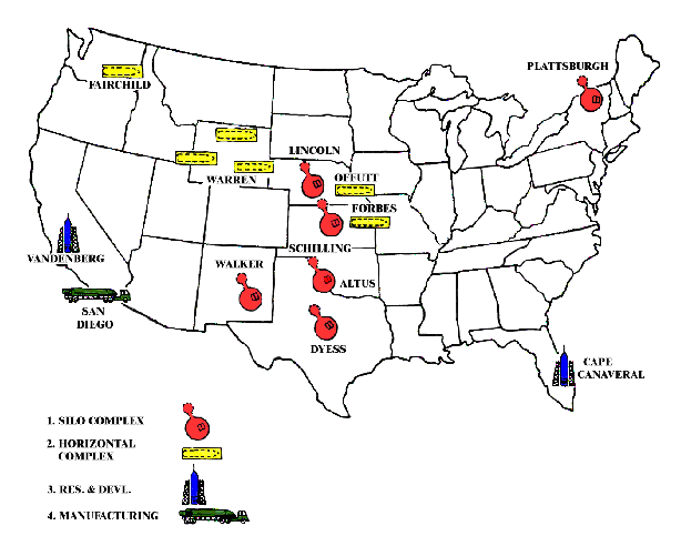Map shows the location of 13 Atlas squadrons. The Plattsburgh, NY, facility was the only ICBM site ever built east of the Mississippi River.
