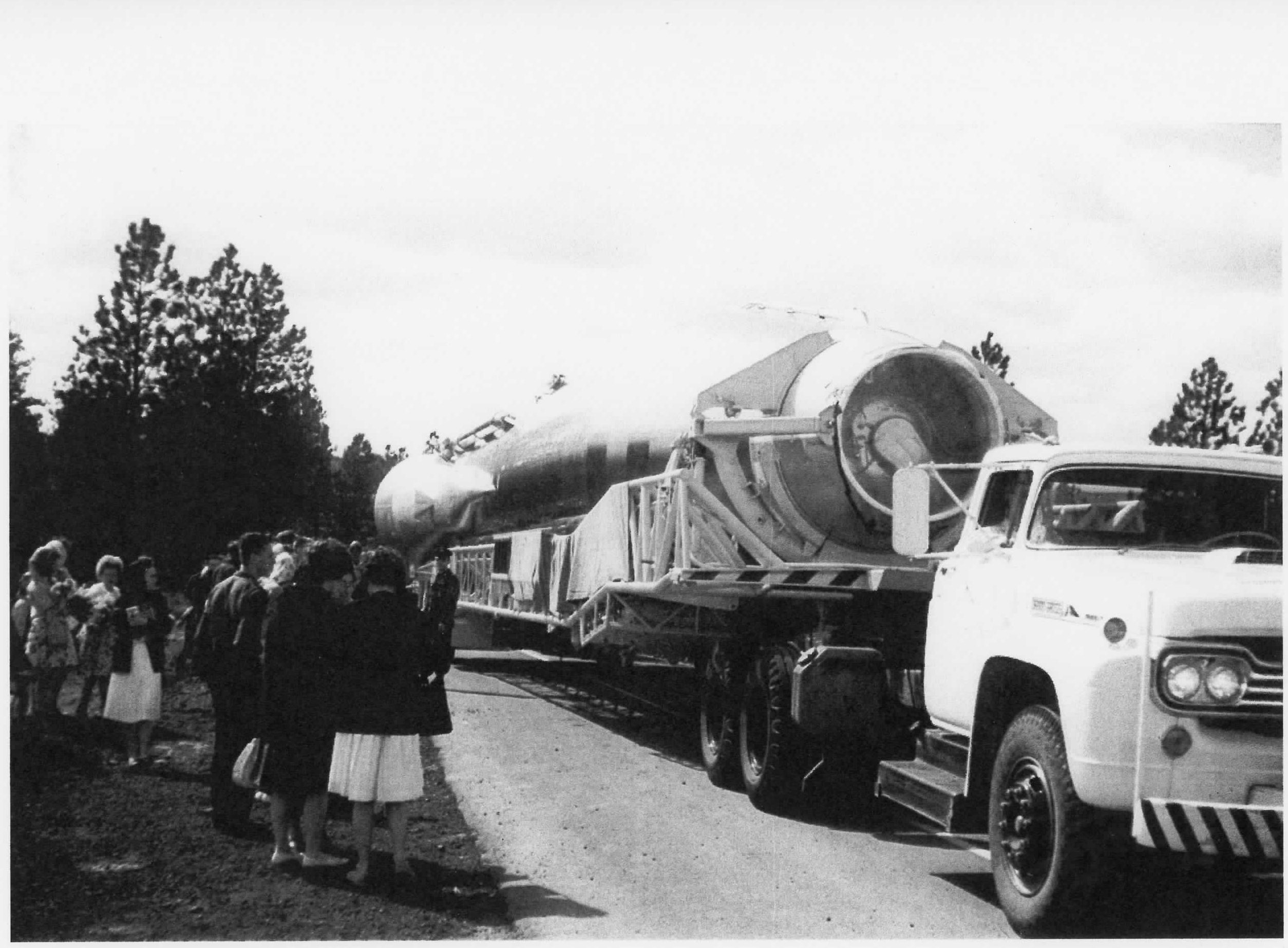 An Atlas E Missile on a specially built trailer being delivered to a Fairchild AFB Missile Site