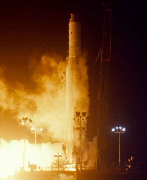 Photo of an Atlas E/F-Star-37S-ISS (s/n 87F) launch carrying the NOAA 7 satellite, 23 June 1981