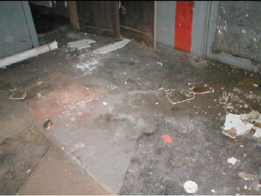 Floor of boiler room in building L-1. View to East.