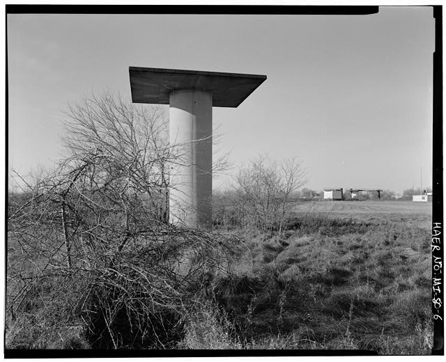 VIEW WEST, East Control Area radar tower in foreground, West Control Area radar towers in background