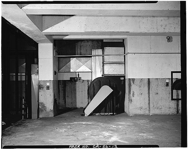 VIEW LOOKING INSIDE SILO, SHOWING ELEVATOR (ON LEFT) AND AIR CONDITIONING UNIT