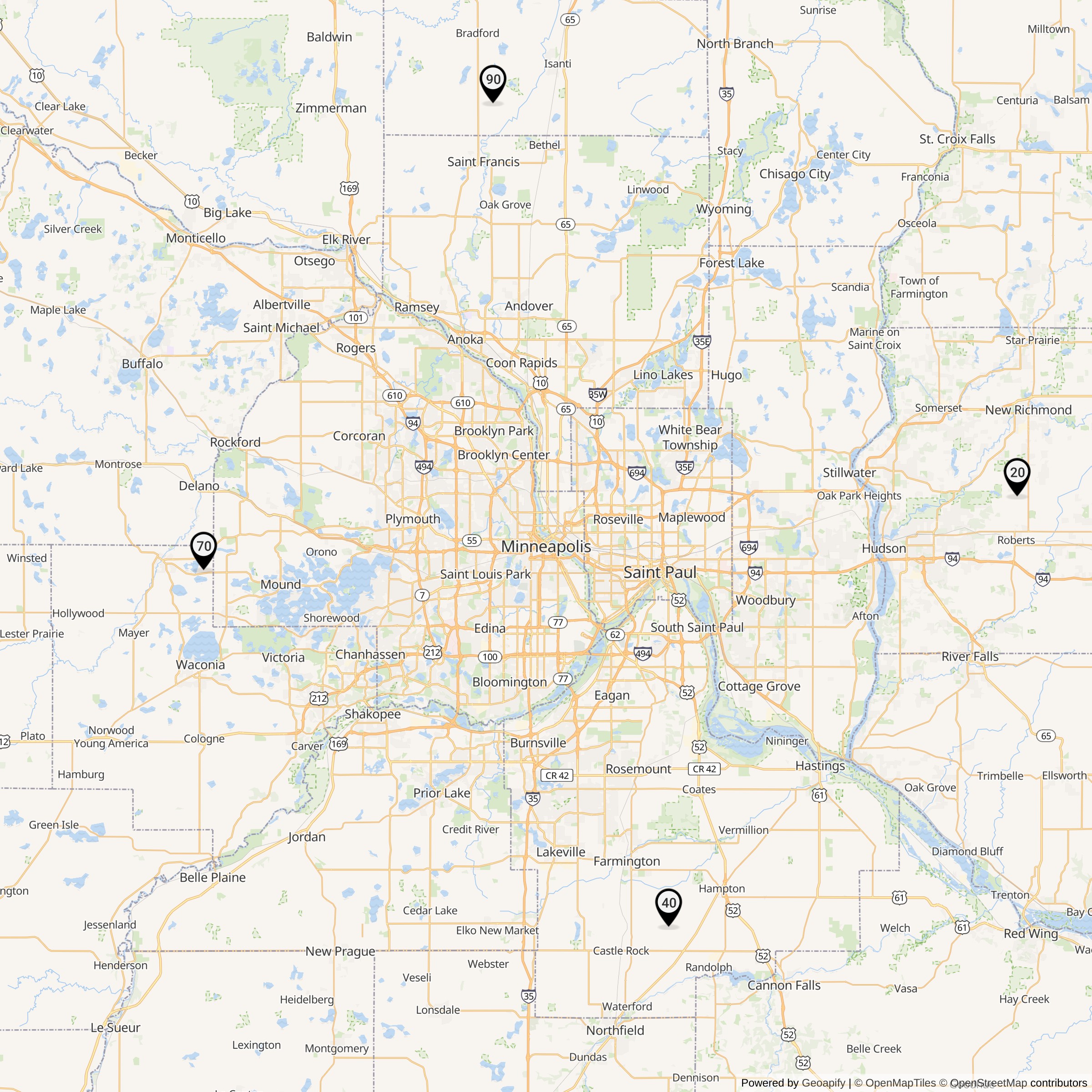 Historical map of Minneapolis - Saint Paul Defense Area Nike launcher locations