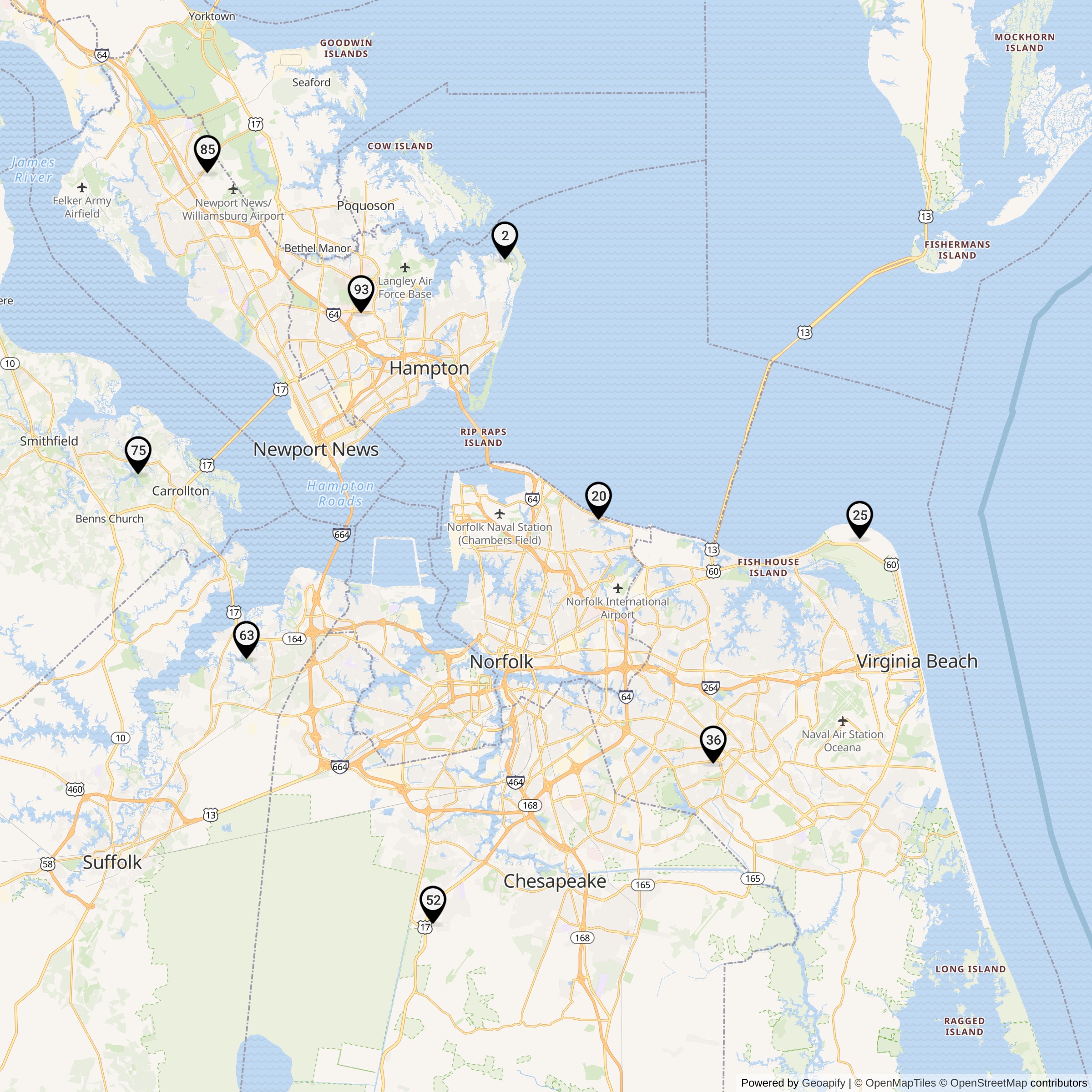Historical map of Norfolk Defense Area Nike launcher locations