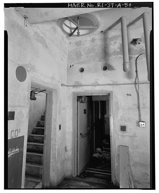Quincy, MA, BO-37, Launch Area, Underground Missile Storage Structure, view of staircase, access to personnel quarters with circular air shaft in ceiling VIEW EAST