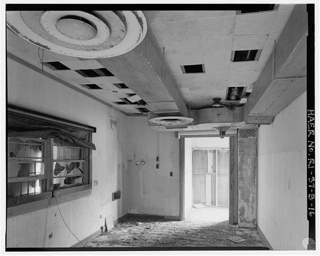 Control Area, Interconnecting Corridor, interior view showing high-capacity venting system and black-out shades on south wall VIEW WEST