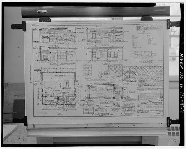 PHOTOCOPY, PLANS, ELEVATIONS, AND SECTION DRAWING FOR MISSILE TEST AND ASSEMBLY BUILDING