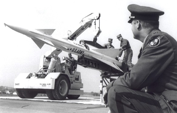 Publicity photo of 3d-70th Artillery personnel with Nike-Ajax, 1960. Note Maryland National Guard shoulder sleeve insignia and 