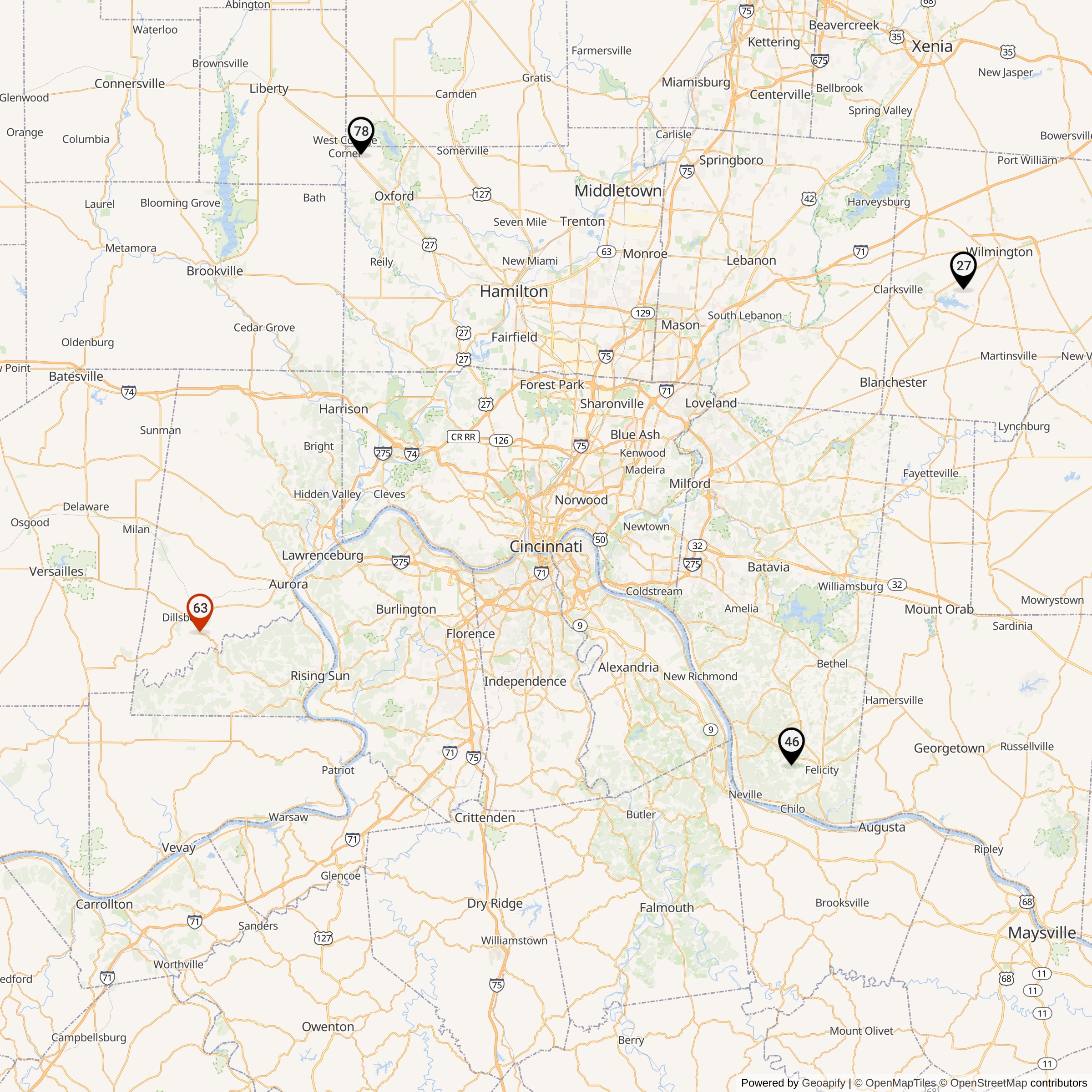 Map Showing Cincinnati Defense Area Nike Launcher Locations