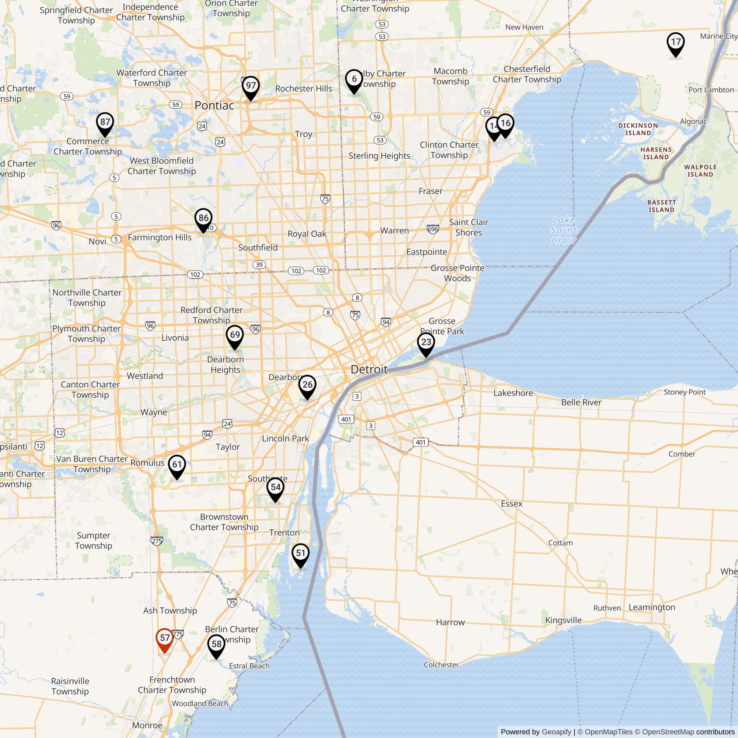 Map Showing Detroit Defense Area Nike Launcher Locations