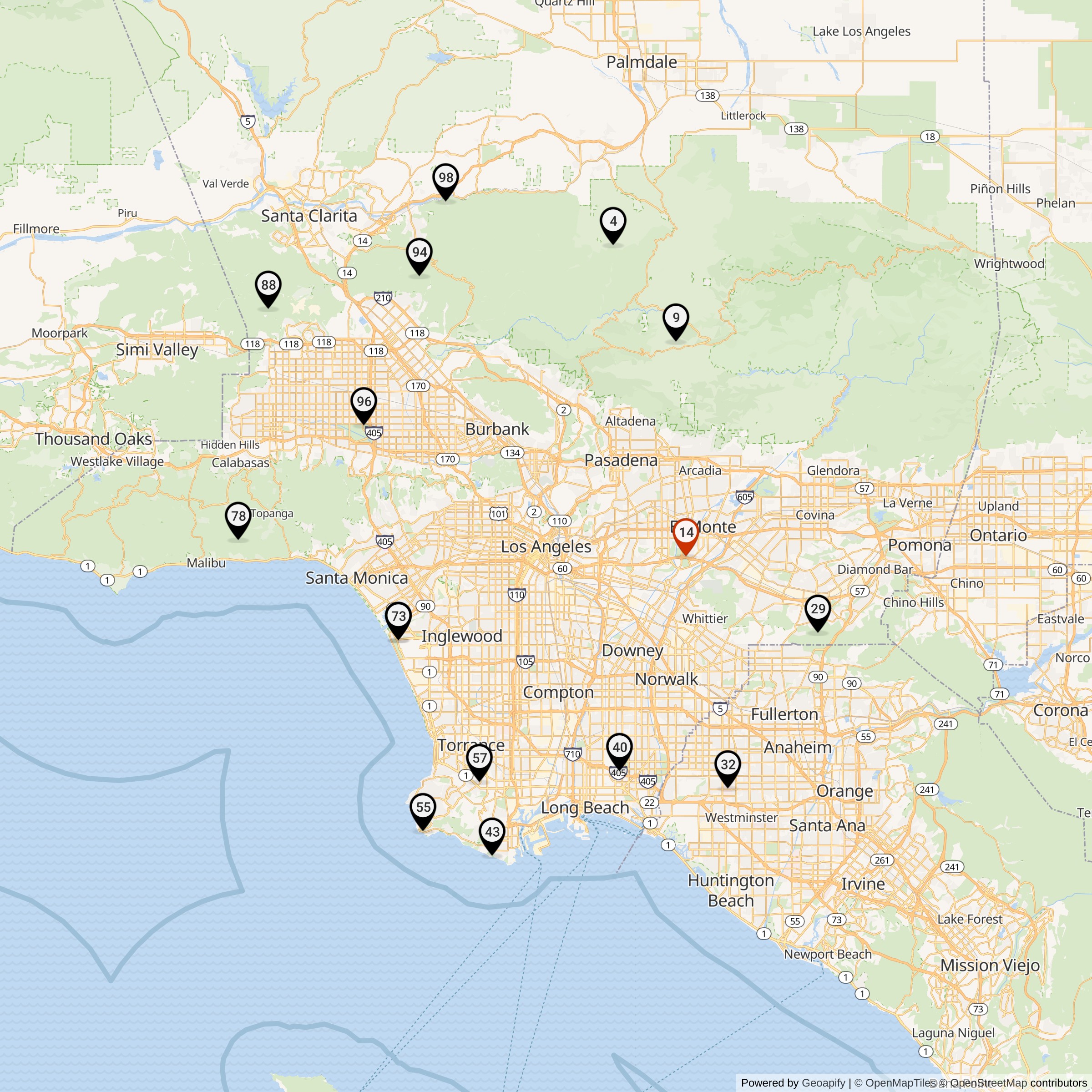 Map Showing Los Angeles Defense Area Nike Launcher Locations