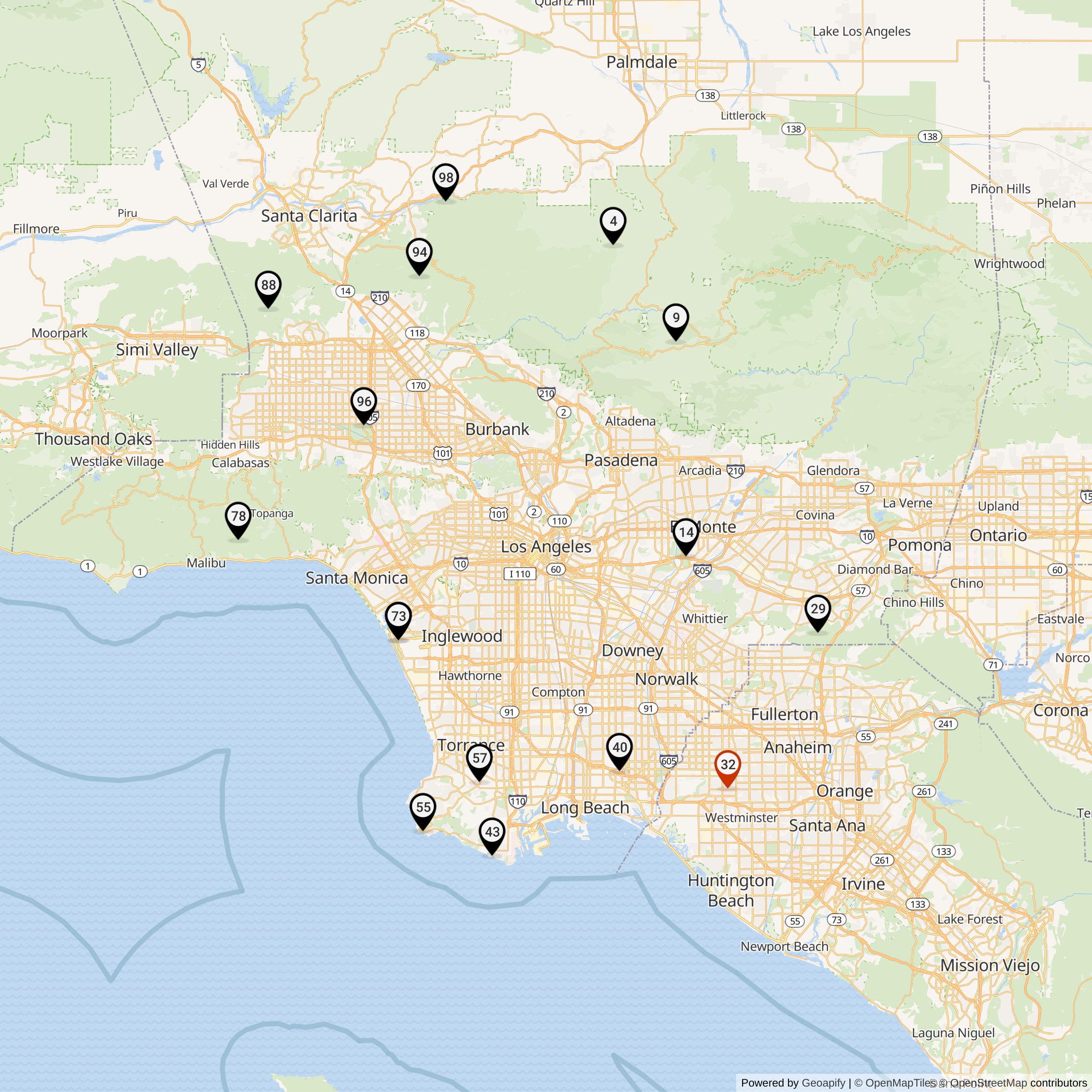 Map Showing Los Angeles Defense Area Nike Launcher Locations