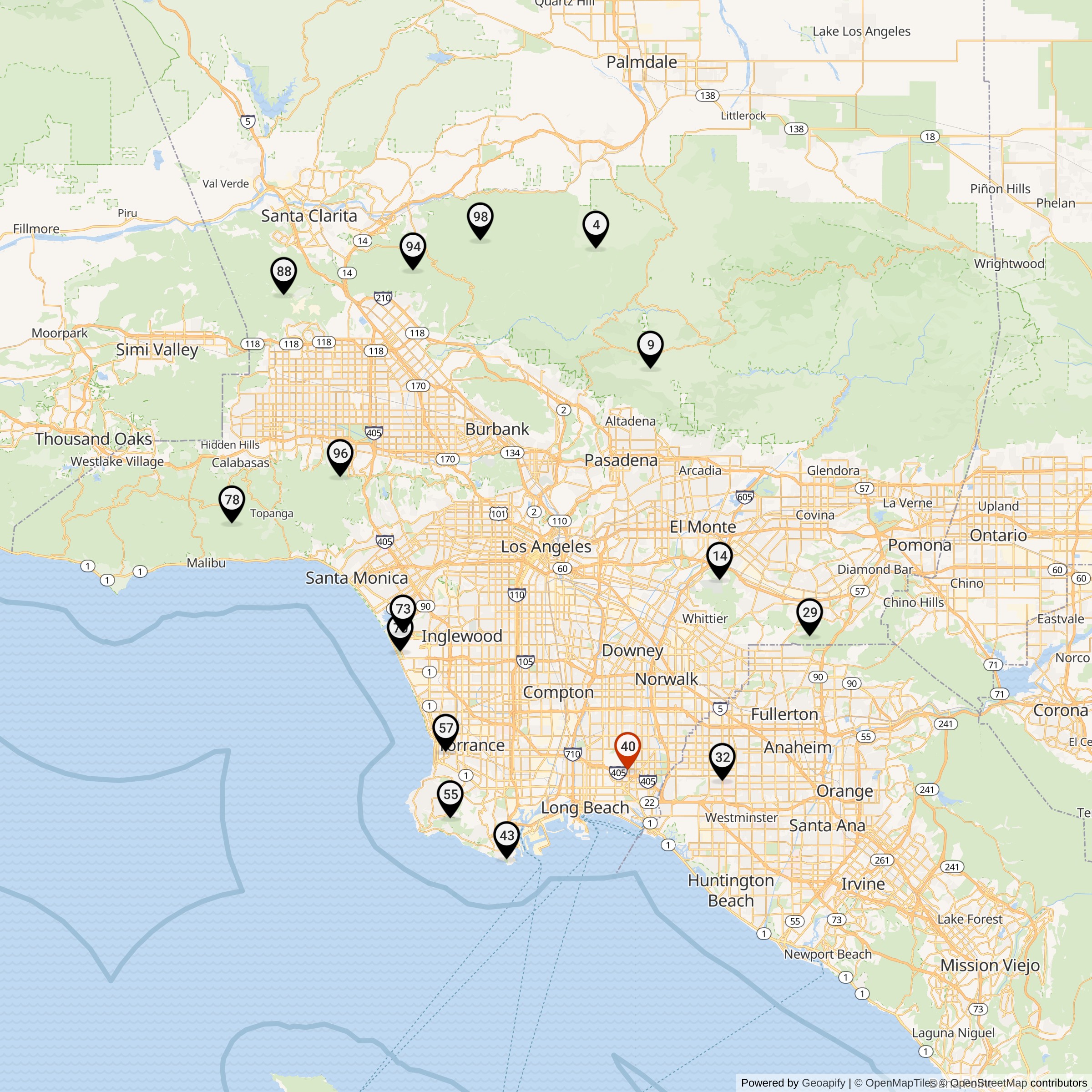 Map Showing Los Angeles Defense Area Nike Launcher Locations