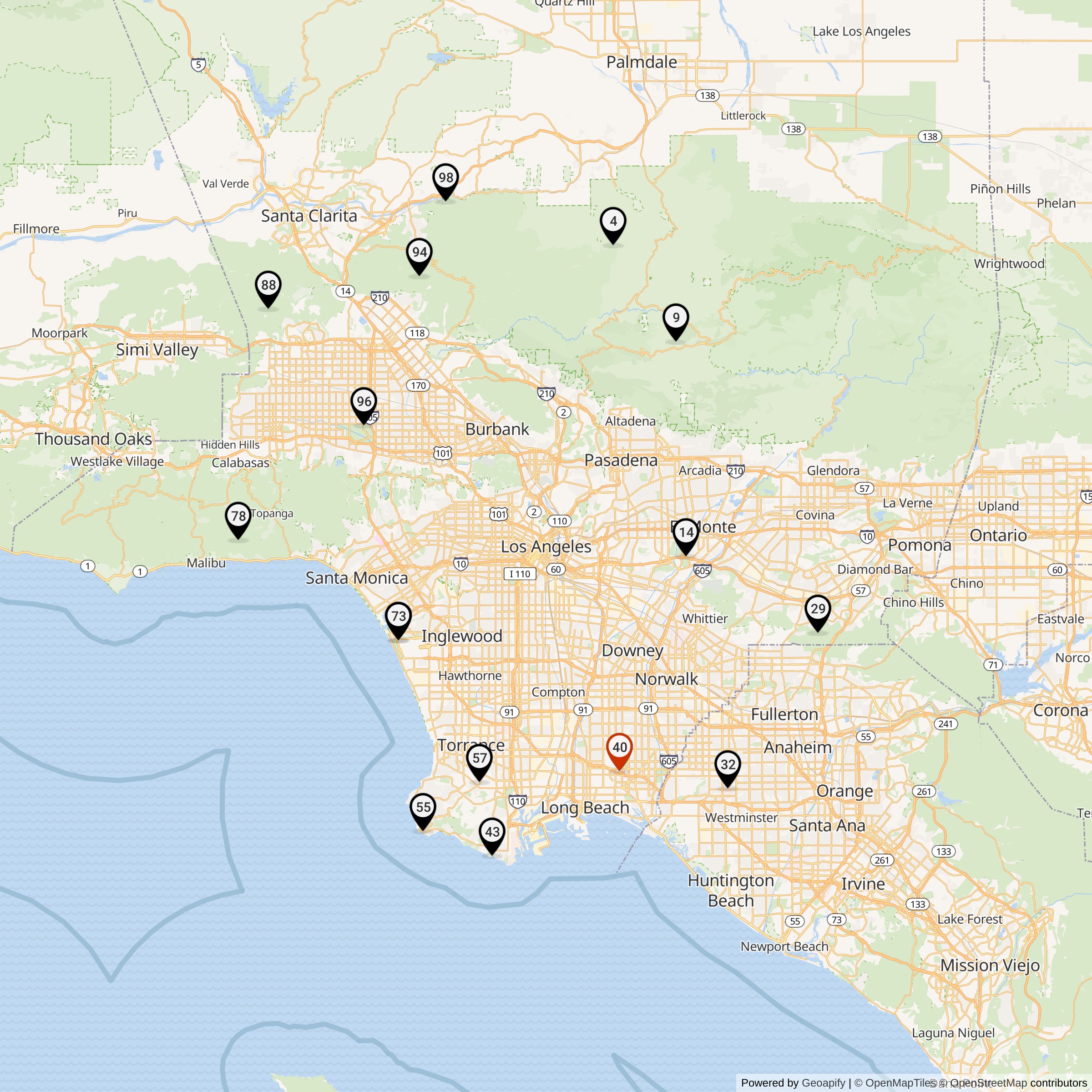 Map Showing Los Angeles Defense Area Nike Launcher Locations