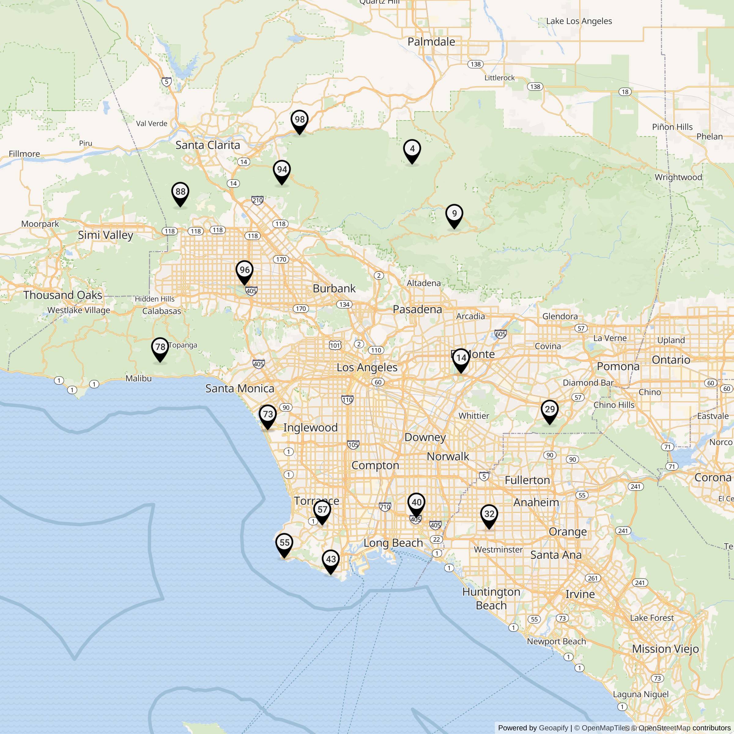 Map Showing Los Angeles Defense Area Nike Launcher Locations