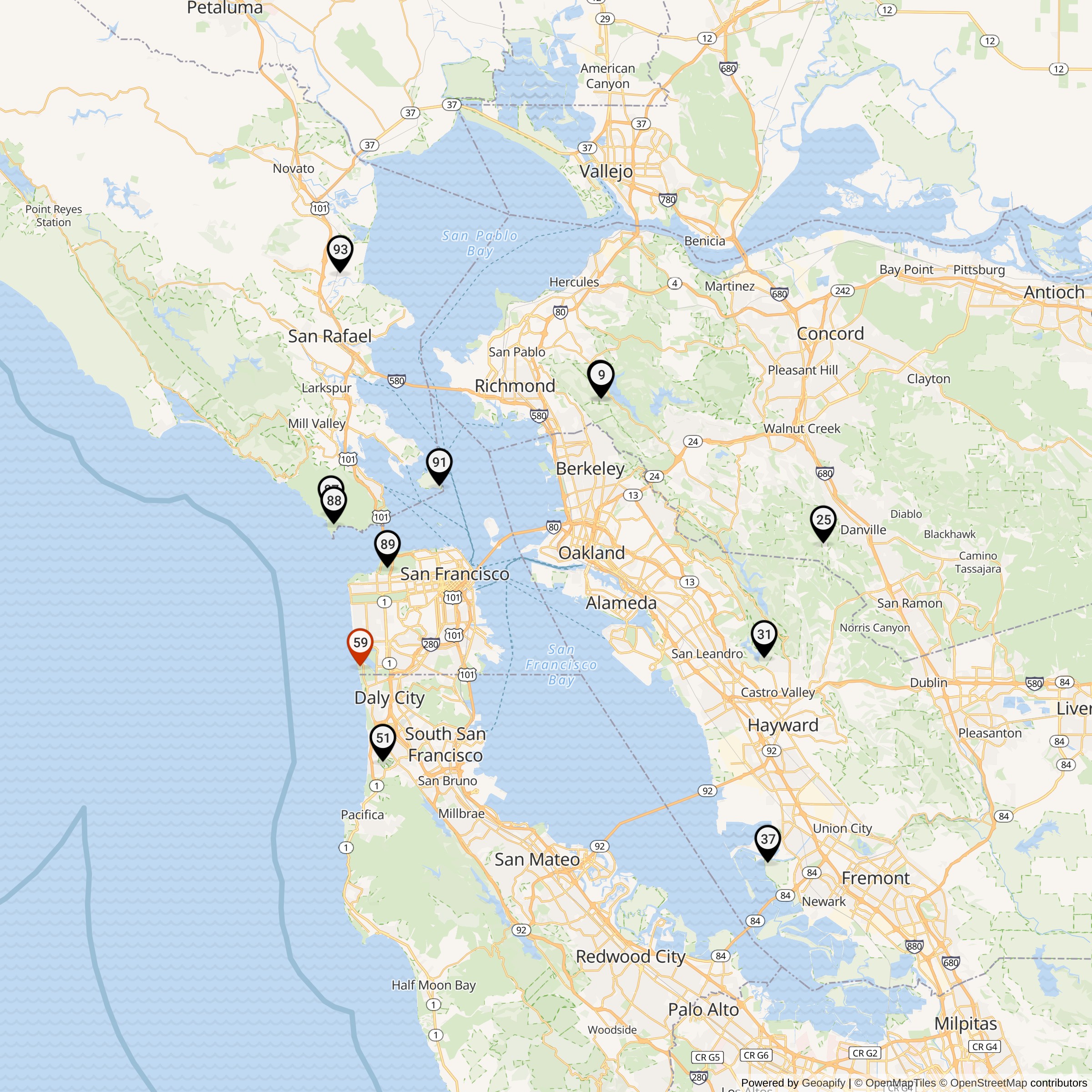 Map Showing San Francisco Defense Area Nike Launcher Locations