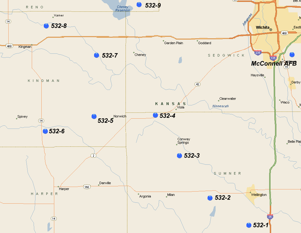 Map of 532nd SMS Titan II Missile Silos in Kansas