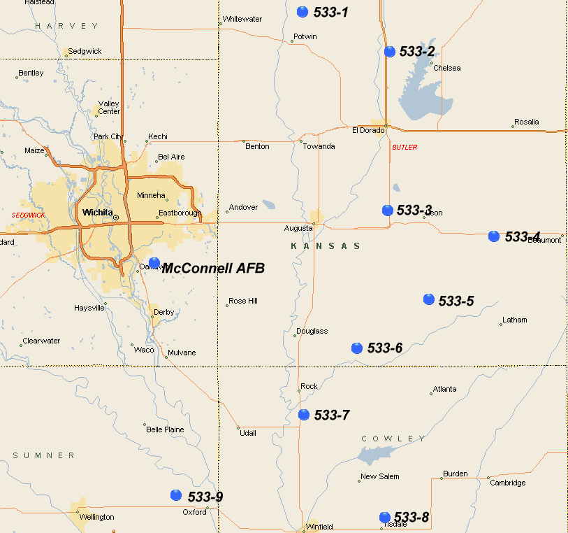Map of 533rd SMS Titan II Missile Silos in Kansas