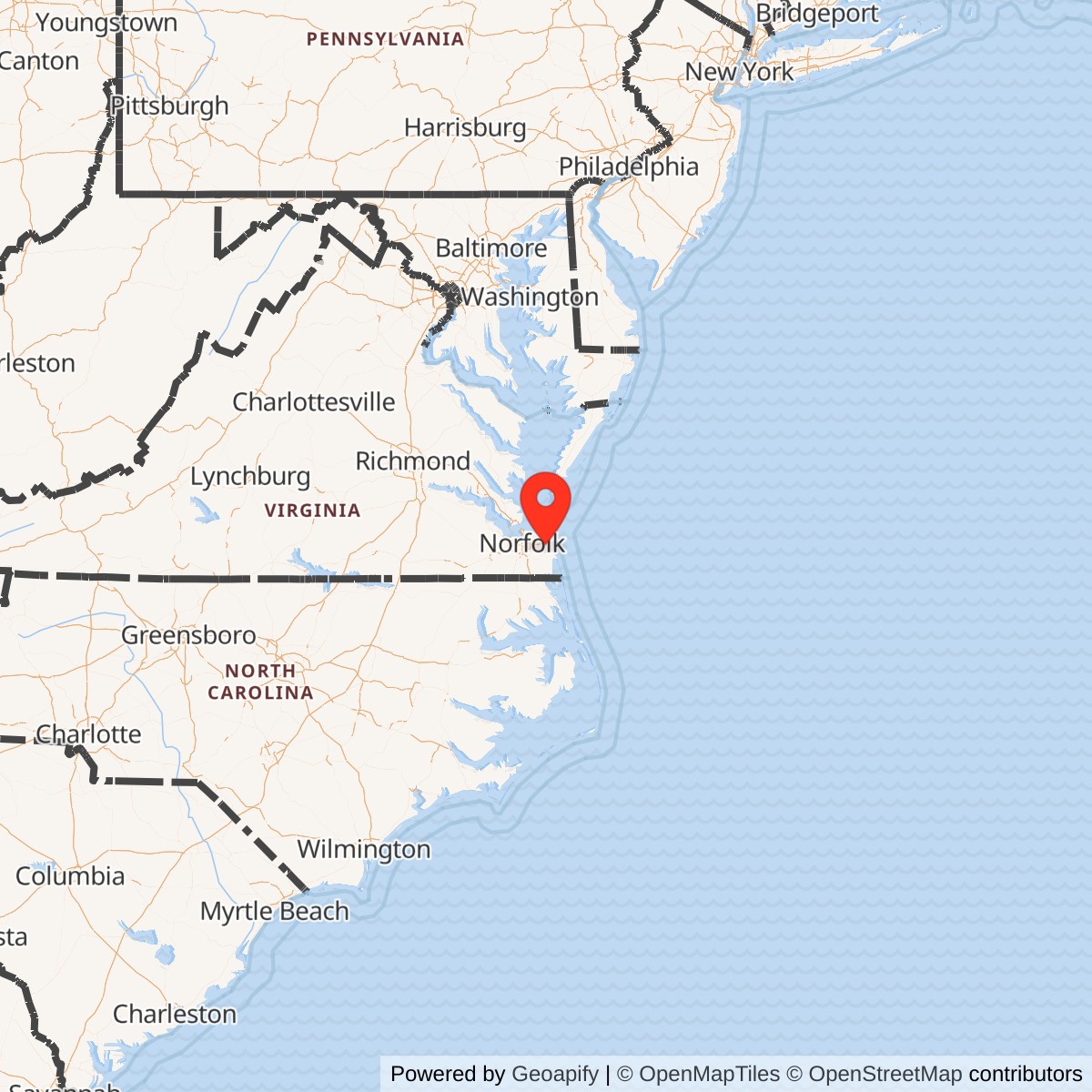 Map showing location of Naval Air Station Oceana, Virginia