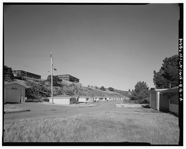 Mill Valley Early Warning Radar Station VIEW OF FAMILY HOUSING,, BUILDINGS 600-608, WITH BACHELOR AIRMEN QUARTERS ABOVE, LOOKING NORTH.