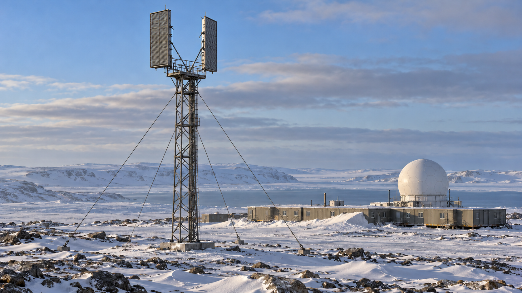 Representative rendering of fixed FPS-23 receiver antennas at a manned DEW Line station with a separate FPS-19 search radar