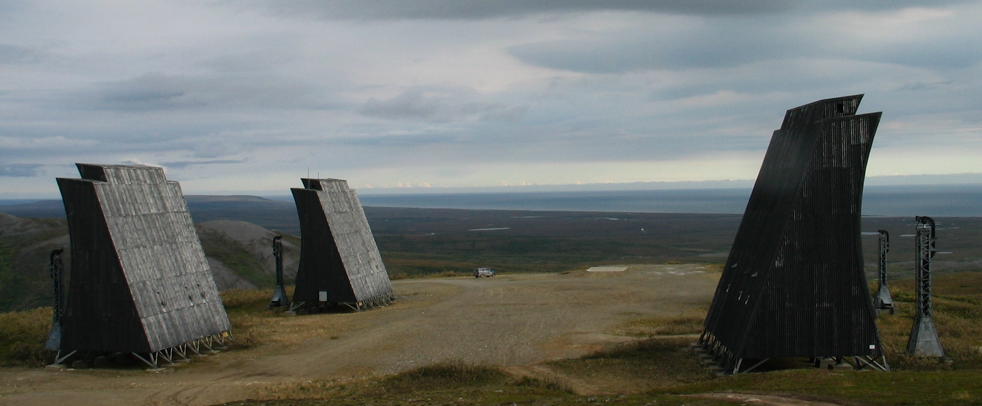 Four Anvil Mountain White Alice billboard antennas above Nome in 2005