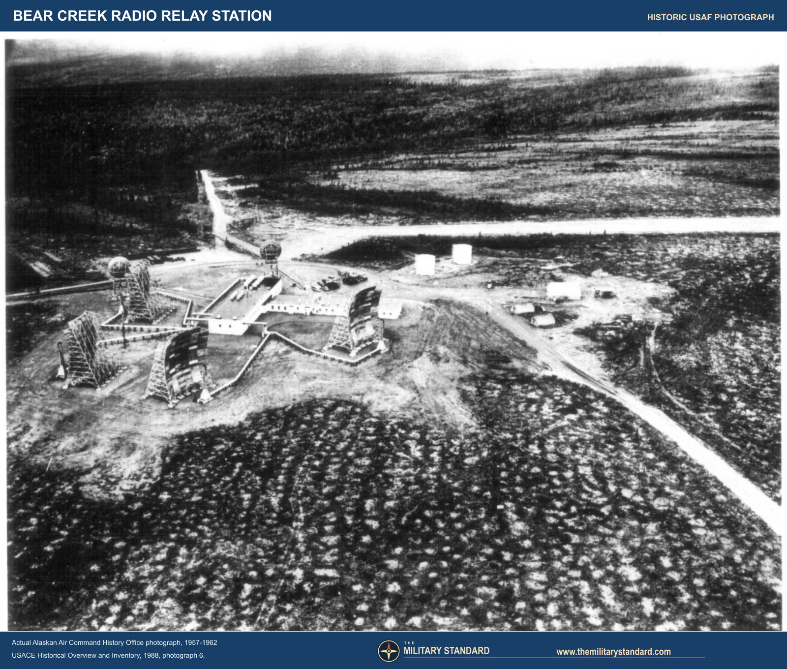 Historic aerial photograph of Bear Creek Radio Relay Station showing the compound and White Alice antennas